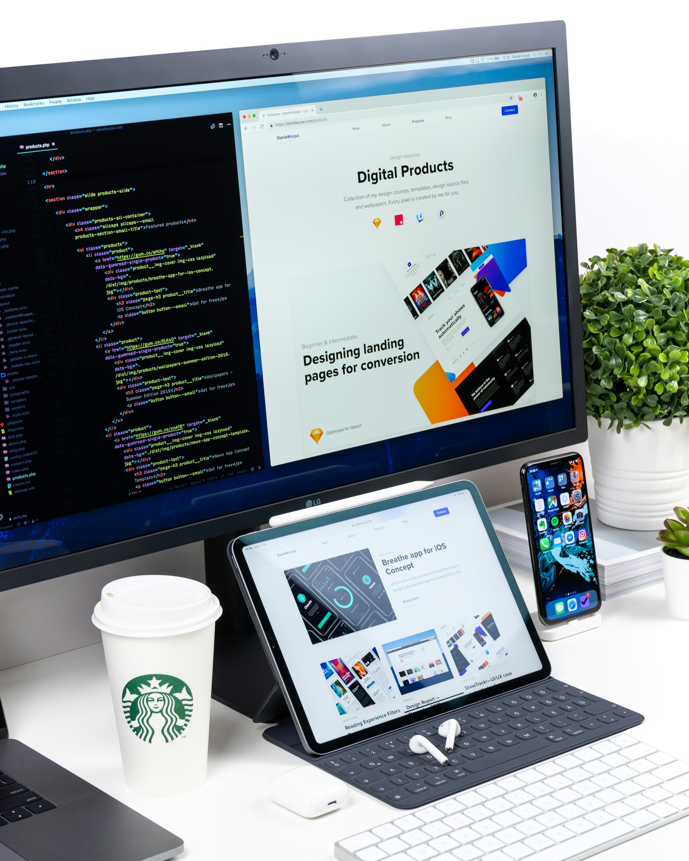 Website design workspace with responsive layouts across desktop and mobile