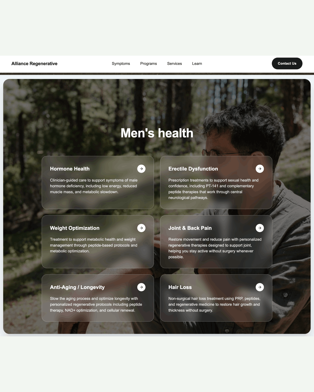 Alliance Men's health service cards on redesigned site