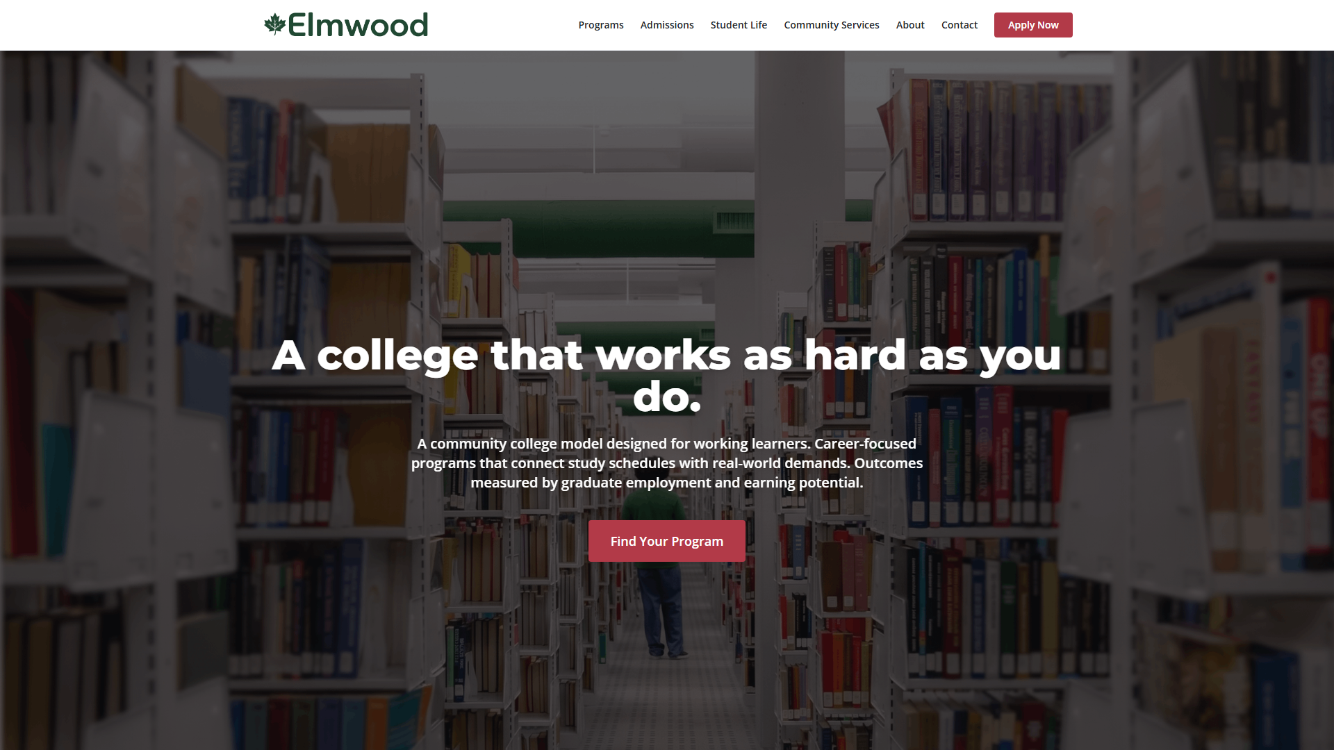 Elmwood College hero with library imagery and Apply Now CTA