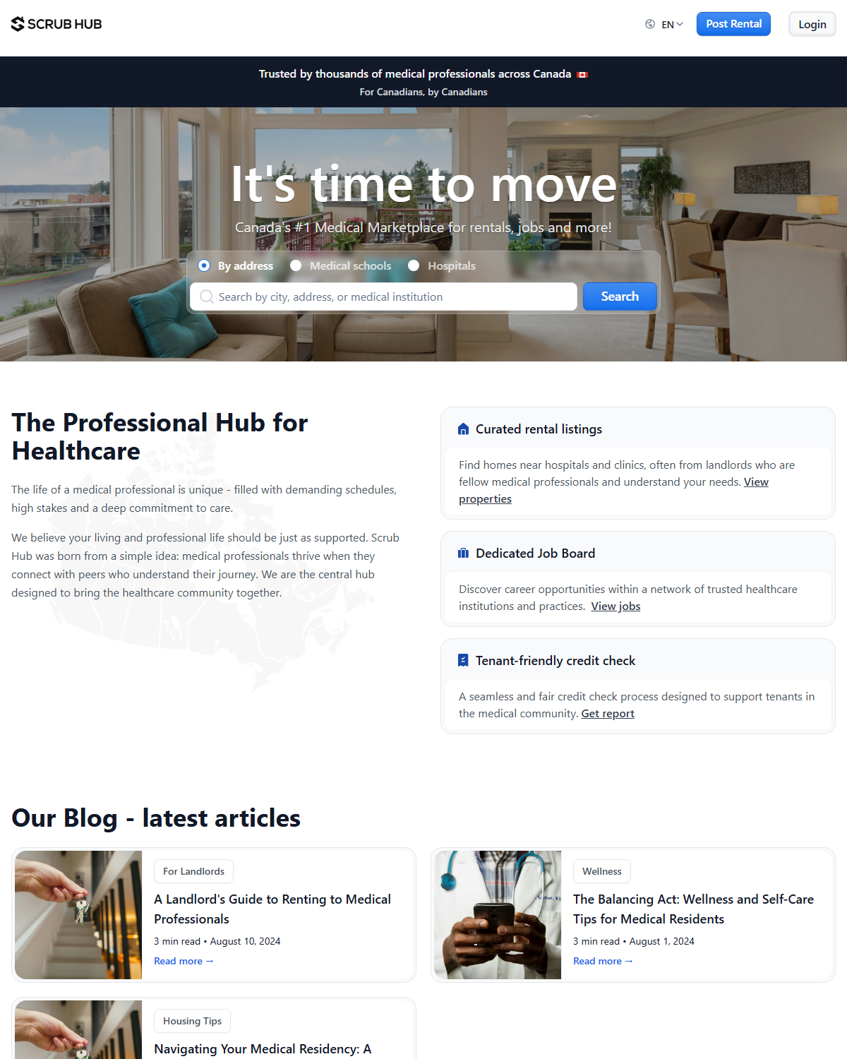 ScrubHub healthcare housing platform homepage